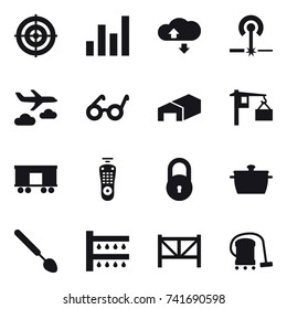 16 vector icon set : target, graph, cloude service, laser, journey, warehouse, pan, big spoon, watering, farm fence, vacuum cleaner