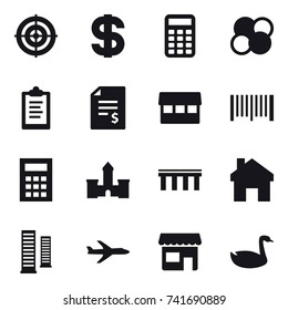 16 vector icon set : target, dollar, calculator, atom core, clipboard, account balance, market, barcode, castle, bridge, home, skyscrapers, plane, shop, goose
