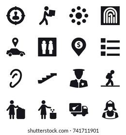 16 vector icon set : target audience, courier, round around, fingerprint, car pointer, wc, dollar pin, list, stairs, tourist, garbage bin, home call cleaning, cleaner