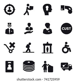 16 vector icon set : target audience, courier, bulb head, hand coin, tourist, detector, invalid, identity card, garbage bin, home call cleaning