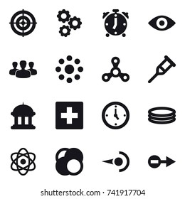 16 vector icon set : target, gear, alarm clock, eye, group, round around, spinner, goverment house, first aid, watch, inflatable pool