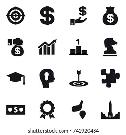16 vector icon set : target, dollar, investment, money bag, money gift, diagram, pedestal, chess horse, graduate hat, bulb head, puzzle, money, medal, golf