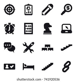 16 vector icon set : target, report, pencil, dollar magnifier, alarm clock, abacus, chess horse, notebook, discussion, pencil wrench, block wall, stairs, check in, bed