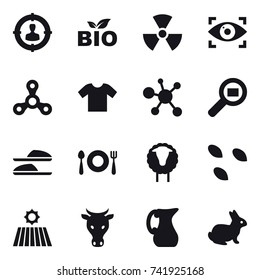 16 vector icon set : target audience, bio, nuclear, eye identity, spinner, t-shirt, slippers, sheep, seeds, field, cow, jug, rabbit