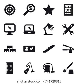 16 vector icon set : target, dollar magnifier, star, abacus, monitor arrow, notebook, table lamp, pencil wrench, block wall, check in, stairs, garlic clasp, vacuum cleaner, toilet brush