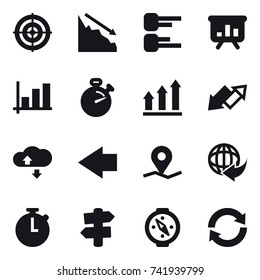 16 vector icon set : target, crisis, diagram, presentation, graph, stopwatch, graph up, up down arrow, cloude service, left arrow, signpost, compass, reload