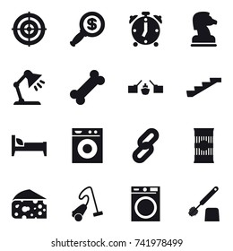 16 vector icon set : target, dollar magnifier, alarm clock, chess horse, table lamp, drawbridge, stairs, bed, washing machine, cheese, vacuum cleaner, toilet brush