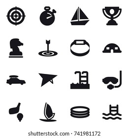 16 vector icon set : target, stopwatch, boat, trophy, chess horse, smart bracelet, dome house, car baggage, deltaplane, pool, diving mask, golf, windsurfing, inflatable pool