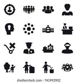 16 vector icon set : target audience, team, group, woman, bulb head, round around, baggage checking, garden cleaning, garbage bin, outsource