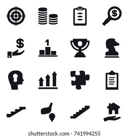 16 vector icon set : target, coin stack, clipboard, dollar magnifier, investment, pedestal, trophy, chess horse, bulb head, graph up, puzzle, stairs, golf, housing