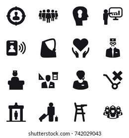 16 vector icon set : target audience, team, bulb head, presentation, pass card, architector, detector, passenger, Chair for babies, outsource