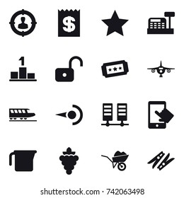 16 vector icon set : target audience, receipt, star, cashbox, pedestal, unlock, ticket, plane, train, measuring cup, grape, wheelbarrow, clothespin