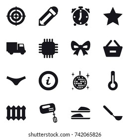 16 vector icon set : target, pencil, alarm clock, star, truck, chip, bow, remove from basket, underpants, info, disco ball, thermometer, radiator, mixer, slippers, ladle