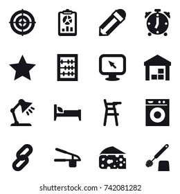 16 vector icon set : target, report, pencil, alarm clock, star, abacus, monitor arrow, warehouse, table lamp, bed, Chair for babies, washing machine, garlic clasp, cheese, toilet brush