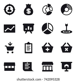 16 vector icon set : target audience, money bag, circle diagram, statistic, presentation, diagram, target, add to cart, clipboard, add to basket, delete cart, market, shopping list