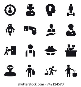 16 vector icon set : target audience, call center, bulb head, hover board, jet robot, hand coin, inspector, trash, vacuum cleaner, garbage bin