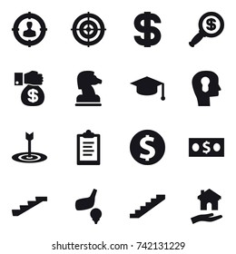 16 vector icon set : target audience, target, dollar, dollar magnifier, money gift, chess horse, graduate hat, bulb head, clipboard, dollar coin, money, stairs, golf, housing