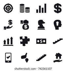 16 vector icon set : target, coin stack, graph, dollar, investment, money gift, chess horse, bulb head, graph up, puzzle, money, stairs, mobile checking, golf, housing