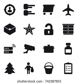 16 vector icon set : target audience, diagram, delivery, plane, box, starfish, unlocked, chest of drawers, pan, pills bottle, spruce, trash, bucket, clipboard list