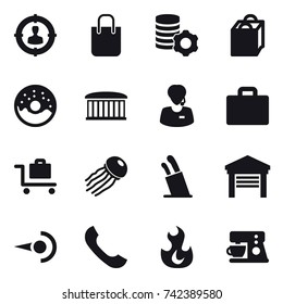 16 vector icon set : target audience, shopping bag, virtual mining, donut, airport building, suitcase iocn, baggage trolley, jellyfish, stands for knives, garage
