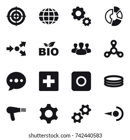 16 vector icon set : target, globe, gear, circle diagram, core splitting, bio, group, spinner, ballon, first aid, ring button, inflatable pool, hair dryer