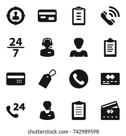 16 vector icon set : target audience, card, clipboard, call, 24/7, call center, woman, credit card, label, phone