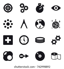 16 vector icon set : target, gear, stopwatch, eye, round around, drawing compass, earth, disco ball, first aid, watch, inflatable pool, toilet paper
