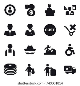 16 vector icon set : target audience, money gift, architector, surfer, invalid, trash, garbage bin, home call cleaning