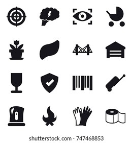 16 vector icon set : target, brain, eye identity, baby stroller, flower, bridge, garage, suitcase, kettle, fire, gloves, toilet paper