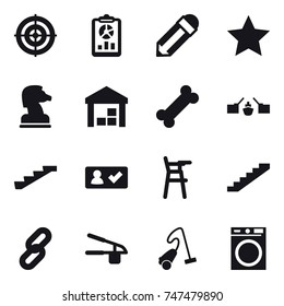16 vector icon set : target, report, pencil, star, chess horse, warehouse, drawbridge, stairs, check in, Chair for babies, garlic clasp, vacuum cleaner, washing machine