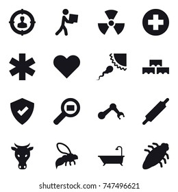 16 vector icon set : target audience, courier, nuclear, block wall, rolling pin, cow, wasp, bath, bug