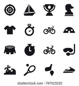 16 vector icon set : target, boat, trophy, chess horse, t-shirt, stopwatch, bike, dome house, stadium, diving mask, surfer, tennis, golf, jet ski