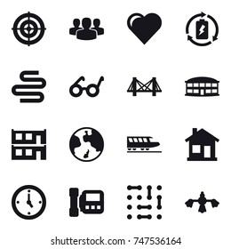 16 vector icon set : target, group, heart, battery charge, bridge, airport building, modular house, earth, train, home, watch, intercome, hard reach place cleaning