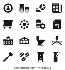 16 vector icon set : target audience, coin stack, diagram, newspaper, delivery, round around, virtual mining, account balance, university, greenhouse, toilet, meat hammer, coffee seeds, hive