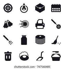 16 vector icon set : target, rocket, box, flippers, skimmer, big fork, broom, trash bin, soap, scoop, washing powder