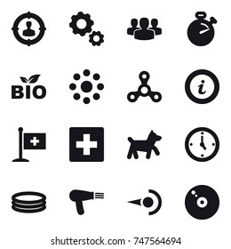 16 vector icon set : target audience, gear, group, stopwatch, bio, round around, spinner, info, first aid, dog, watch, inflatable pool, hair dryer