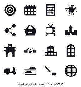 16 vector icon set : target, calendar, abacus, chip, molecule, remove from basket, tv, castle, arch, drawbridge, cottage, arch window, slippers, ladle
