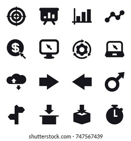 16 vector icon set : target, presentation, graph, dollar arrow, monitor arrow, around gear, notebook, cloud service, right arrow, left arrow