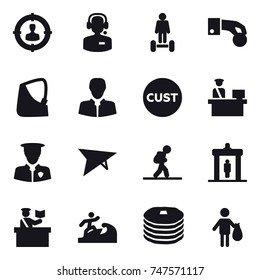 16 vector icon set : target audience, call center, hoverboard, hand coin, deltaplane, tourist, detector, inspector, surfer, trash
