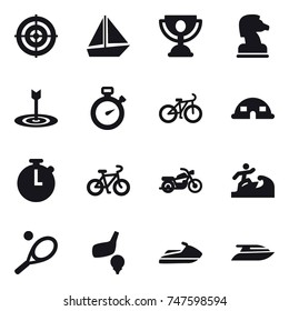 16 vector icon set : target, boat, trophy, chess horse, stopwatch, bike, dome house, motorcycle, surfer, tennis, golf, jet ski, yacht