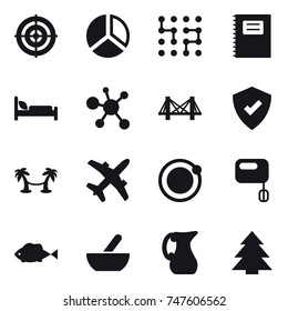 16 vector icon set : target, diagram, chip, copybook, bridge, palm hammock, mortar, jug, spruce
