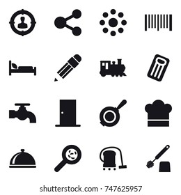 16 vector icon set : target audience, share, round around, barcode, pencil, train, inflatable mattress, water tap, door, pan, cook hat, viruses, vacuum cleaner, toilet brush