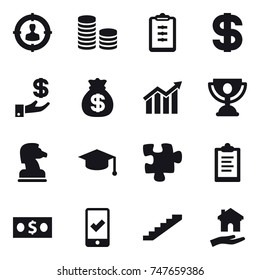 16 vector icon set : target audience, coin stack, clipboard, dollar, investment, money bag, diagram, trophy, chess horse, graduate hat, puzzle, money, mobile checking, stairs, housing