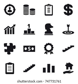16 vector icon set : target audience, coin stack, clipboard, dollar, diagram, pedestal, chess horse, target, puzzle, money, medal, stairs, housing