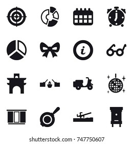 16 vector icon set : target, circle diagram, calendar, alarm clock, diagram, bow, info, arch, drawbridge, disco ball, wardrobe, pan, soil cutter, hive