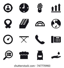 16 vector icon set : target audience, clock, bulb, graph up, brick, greenhouse, earth, barometer, iron board, chef  hat, flour, hand and drop