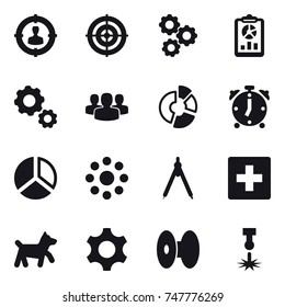 16 vector icon set : target audience, target, gear, report, group, circle diagram, alarm clock, diagram, round around, drawing compass, first aid, dog