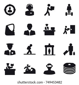 16 vector icon set : target audience, call center, courier, hoverboard, tourist, detector, passenger, inspector, surfer