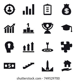 16 vector icon set : target audience, graph, clipboard, money bag, diagram, pedestal, trophy, graduate hat, bulb head, graph up, target, puzzle, money, stairs, housing