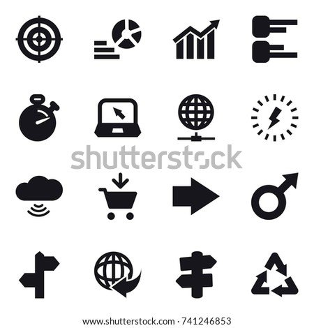 16 vector icon set : target, diagram, stopwatch, notebook, globe connect, lightning, cloud wireless, add to cart, right arrow, signpost